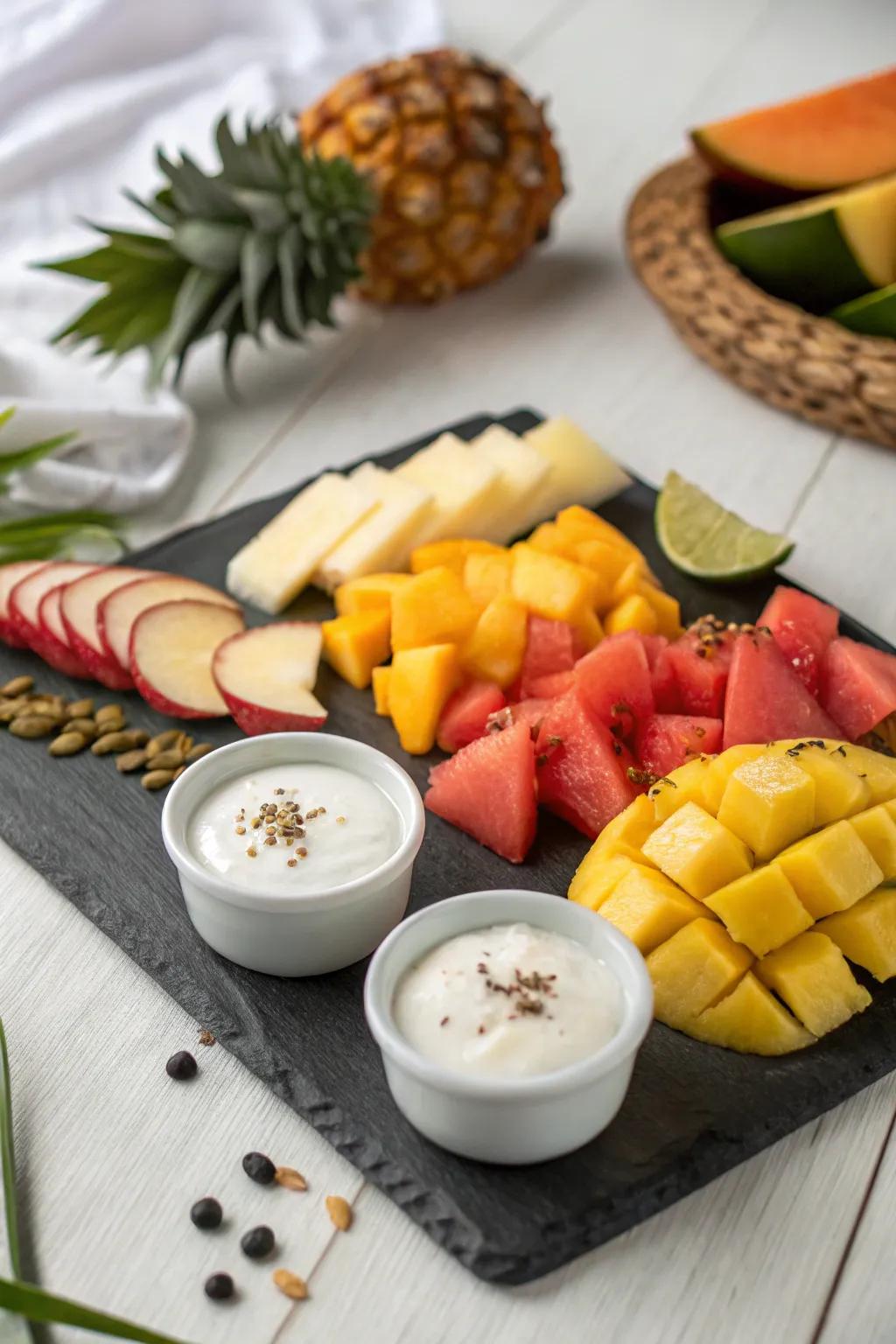 Coconut yogurt dips add a creamy touch to this tropical assortment.