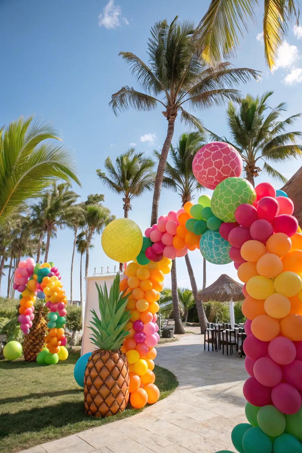 Colorful balloon decorations setting the tone for a festive tropical party.