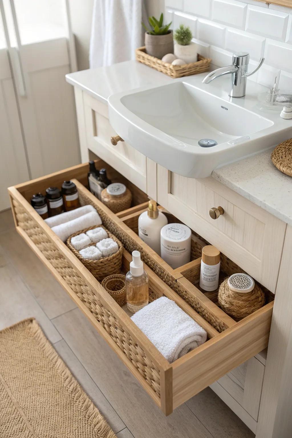 Unlock effortless organization with stylish pull-out trays for your bathroom essentials.