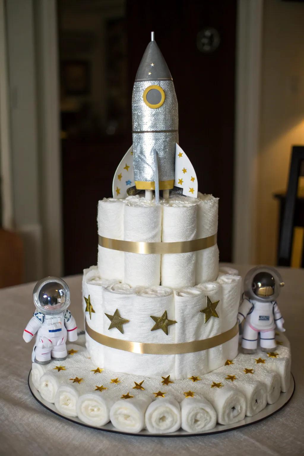 Launch your little one's adventure with a cosmic diaper cake delight!