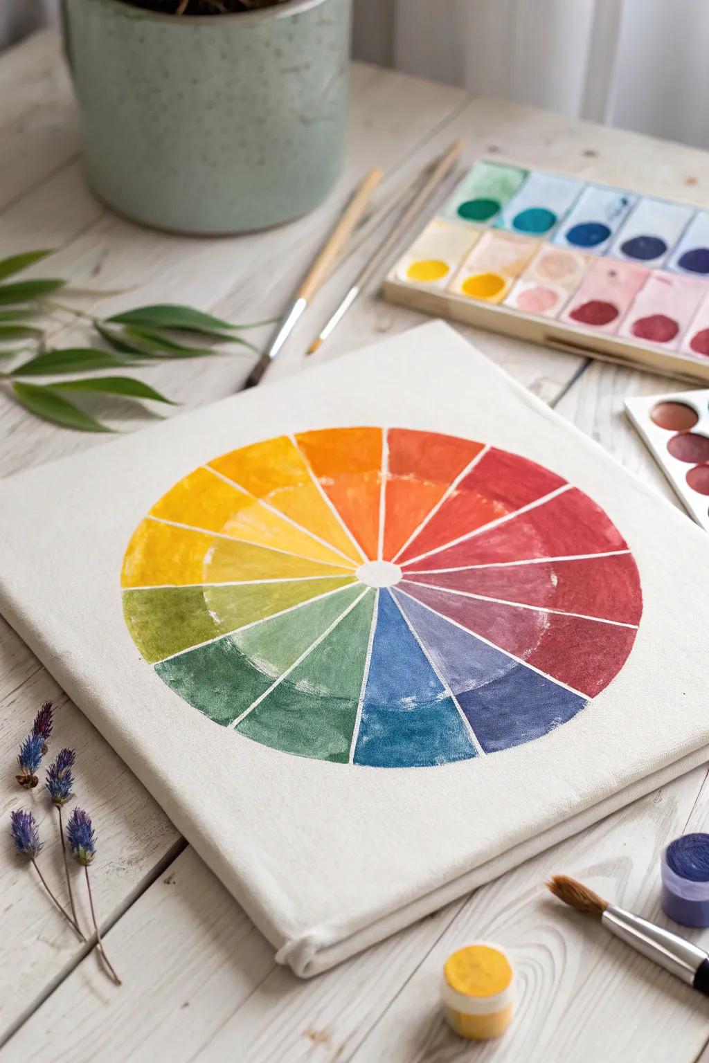 Celebrate the beauty in imperfection with this charming handmade color wheel on canvas, a perfect blend of Scandinavian simplicity and boho warmth.