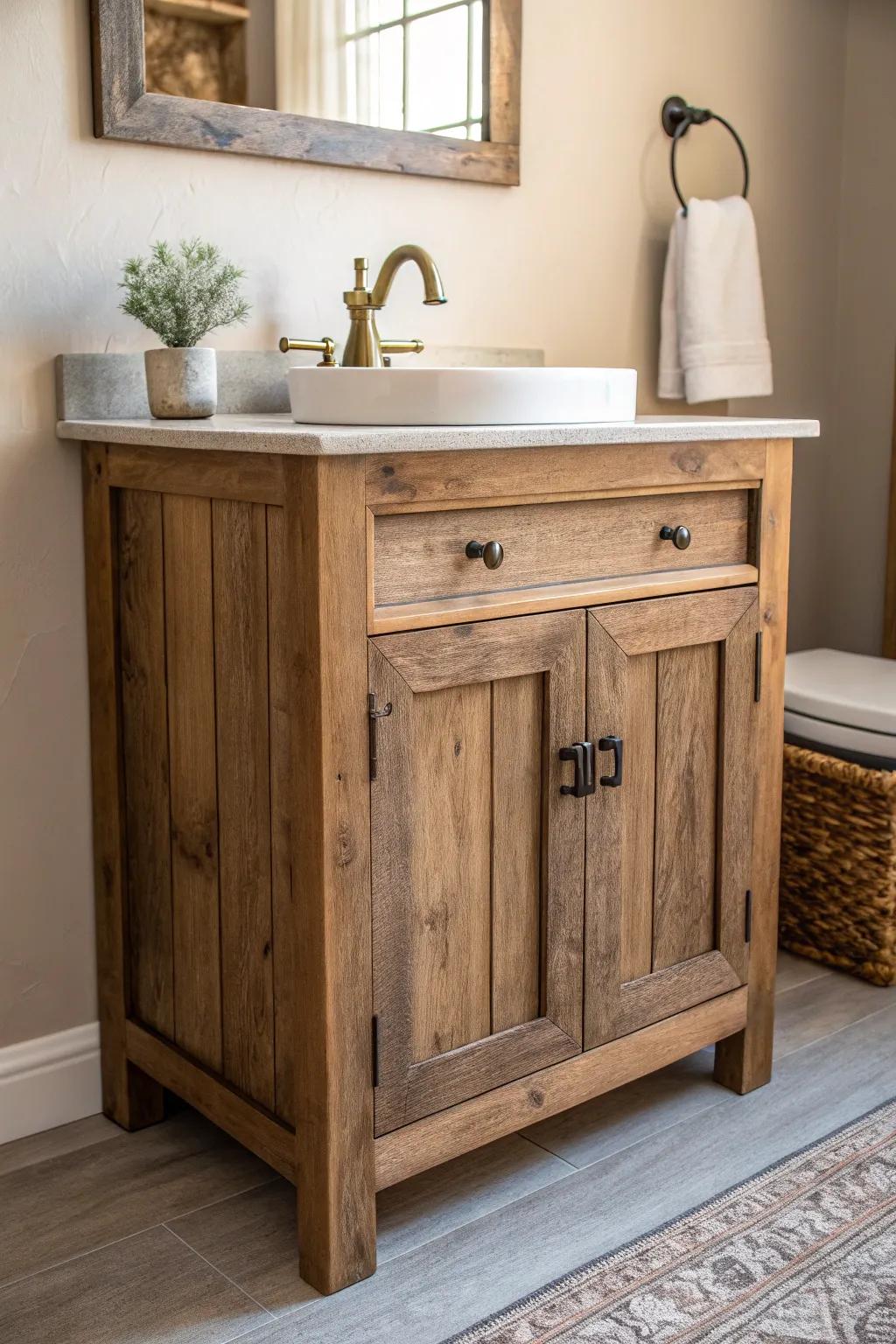 Transform vintage charm into modern elegance with this repurposed wood vanity.