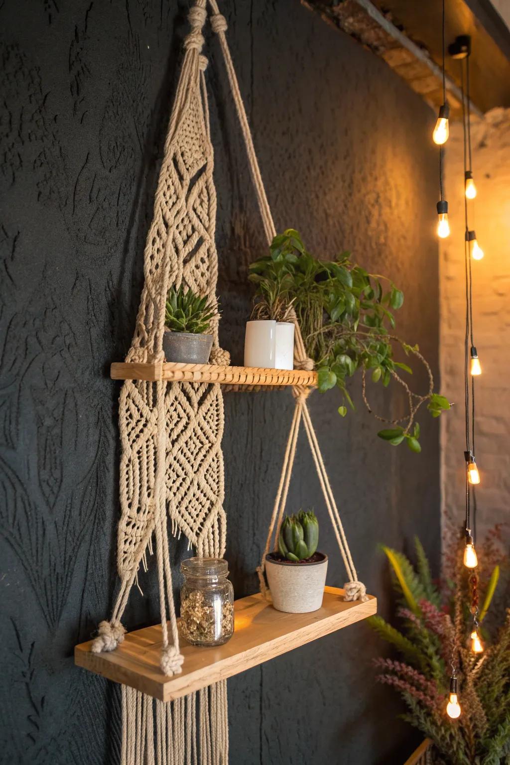Elevate your space with the rustic charm of macramé hanging shelves, perfect for showcasing your favorite small treasures.