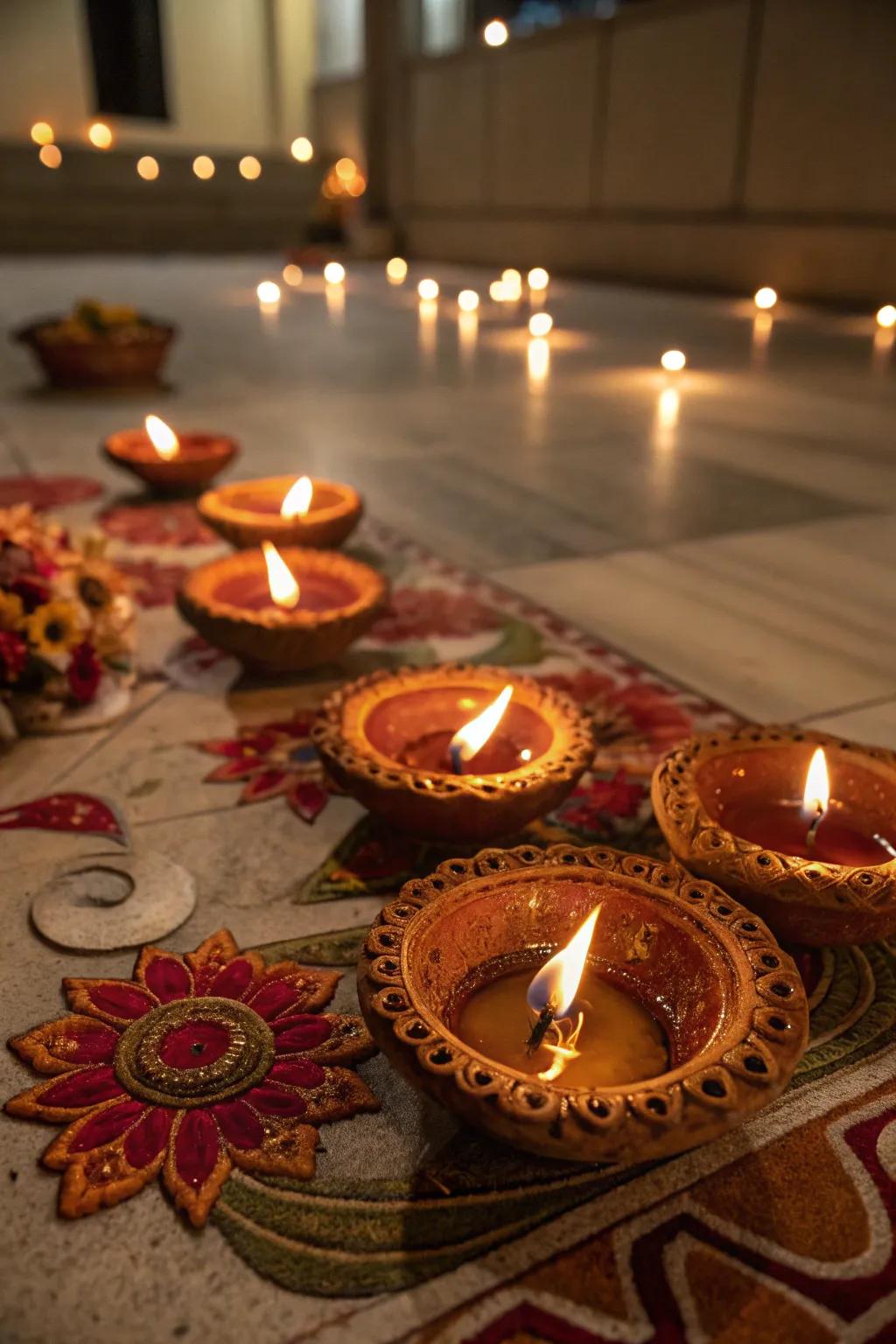 Diyas providing a warm, inviting glow for Varalakshmi Vratam.