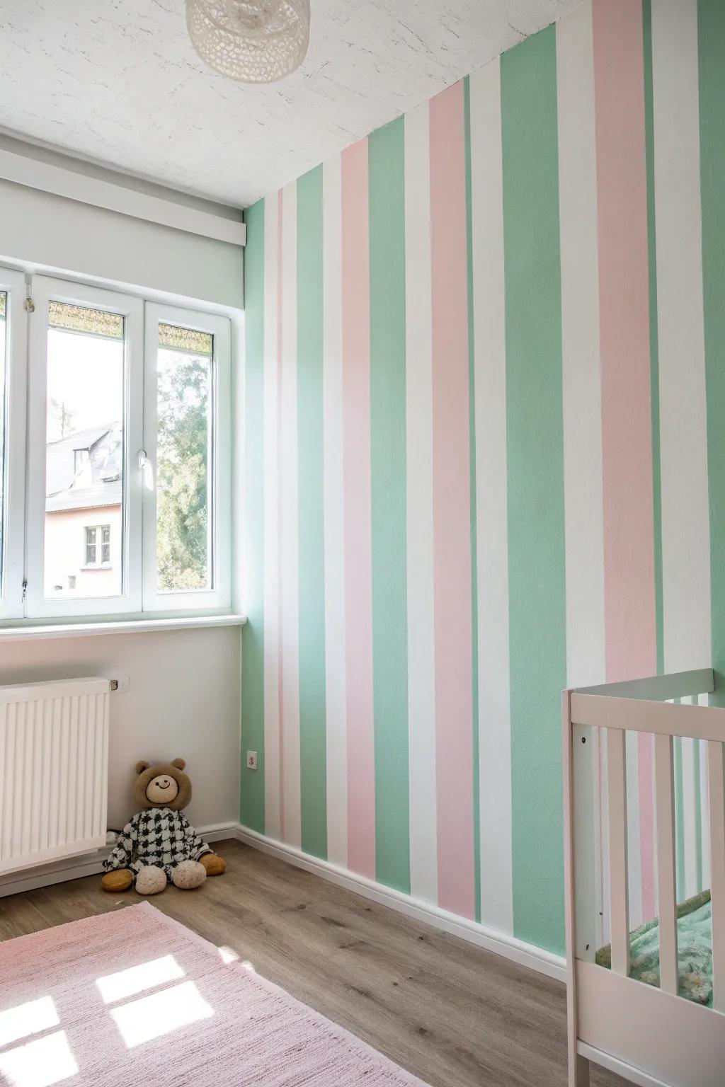 Embrace the charm of playful pastels with soft pink and mint green stripes for a delightful nursery atmosphere.
