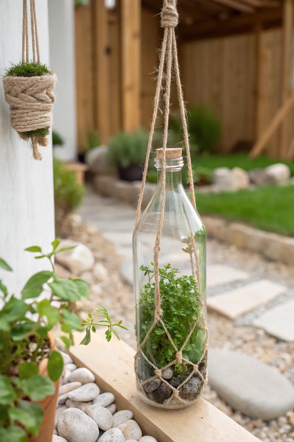 Transform your garden with upcycled elegance: Water bottles become eco-friendly plant holders.