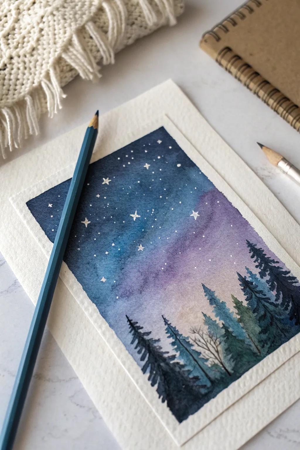 Craft your own calming masterpiece with watercolor pencils: a starry night sky that captures the essence of simplicity and natural beauty.
