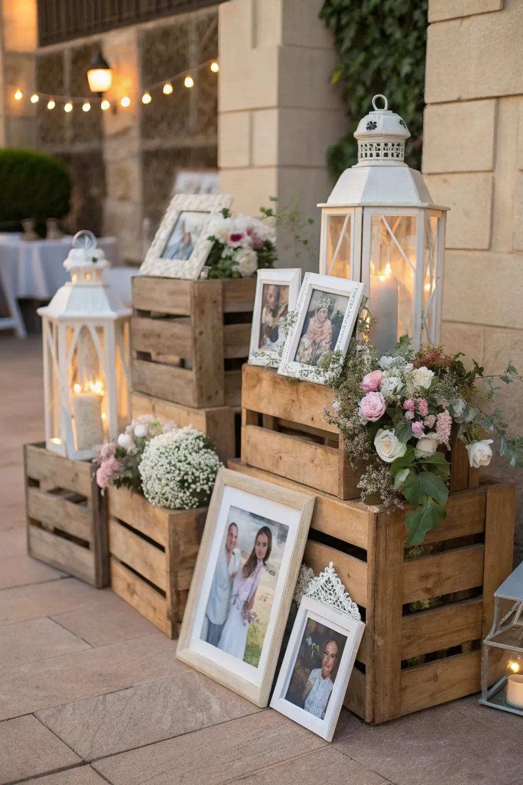 Add depth and style with a crate and box photo display.