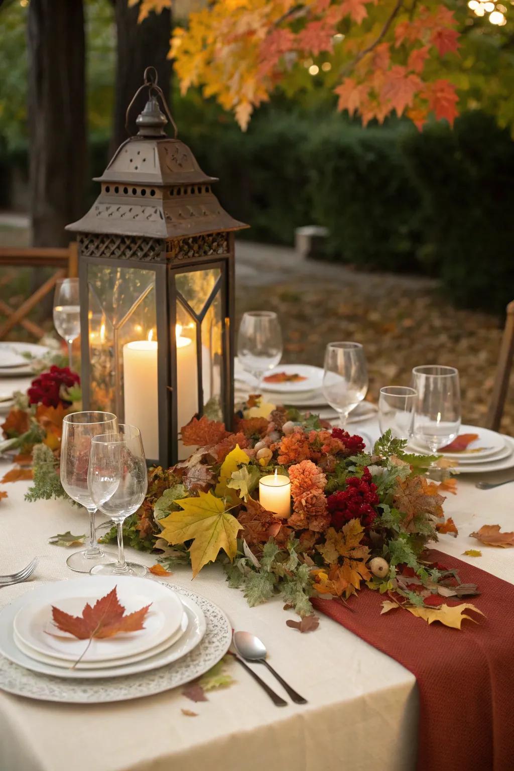 An inviting dining experience with a lantern centerpiece that sets the mood.