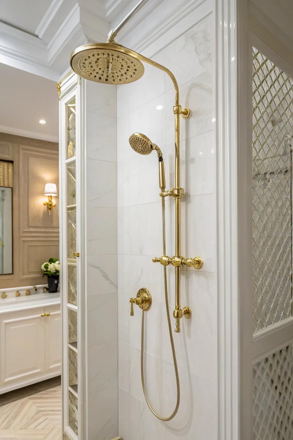 Gold fixtures bring a luxurious feel to a white-tiled shower.