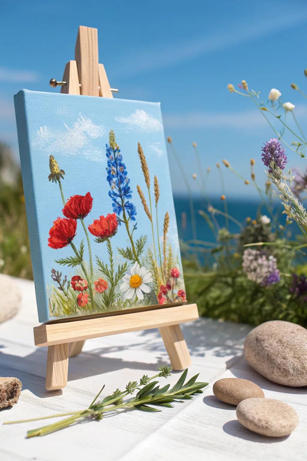 Capture the essence of nature with a burst of wildflower colors against a serene sky.