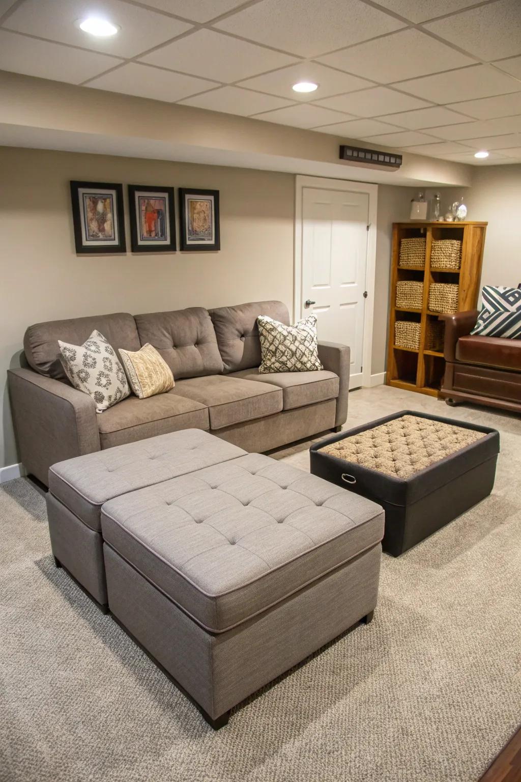 Multi-purpose furniture enhances functionality in a basement.