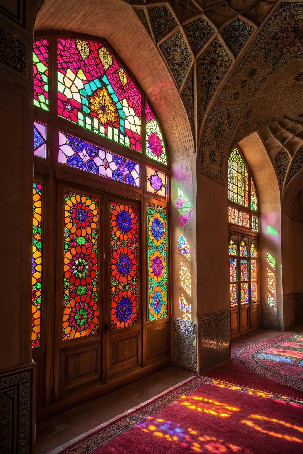 Stained glass panels add a vibrant and artistic touch to windows.