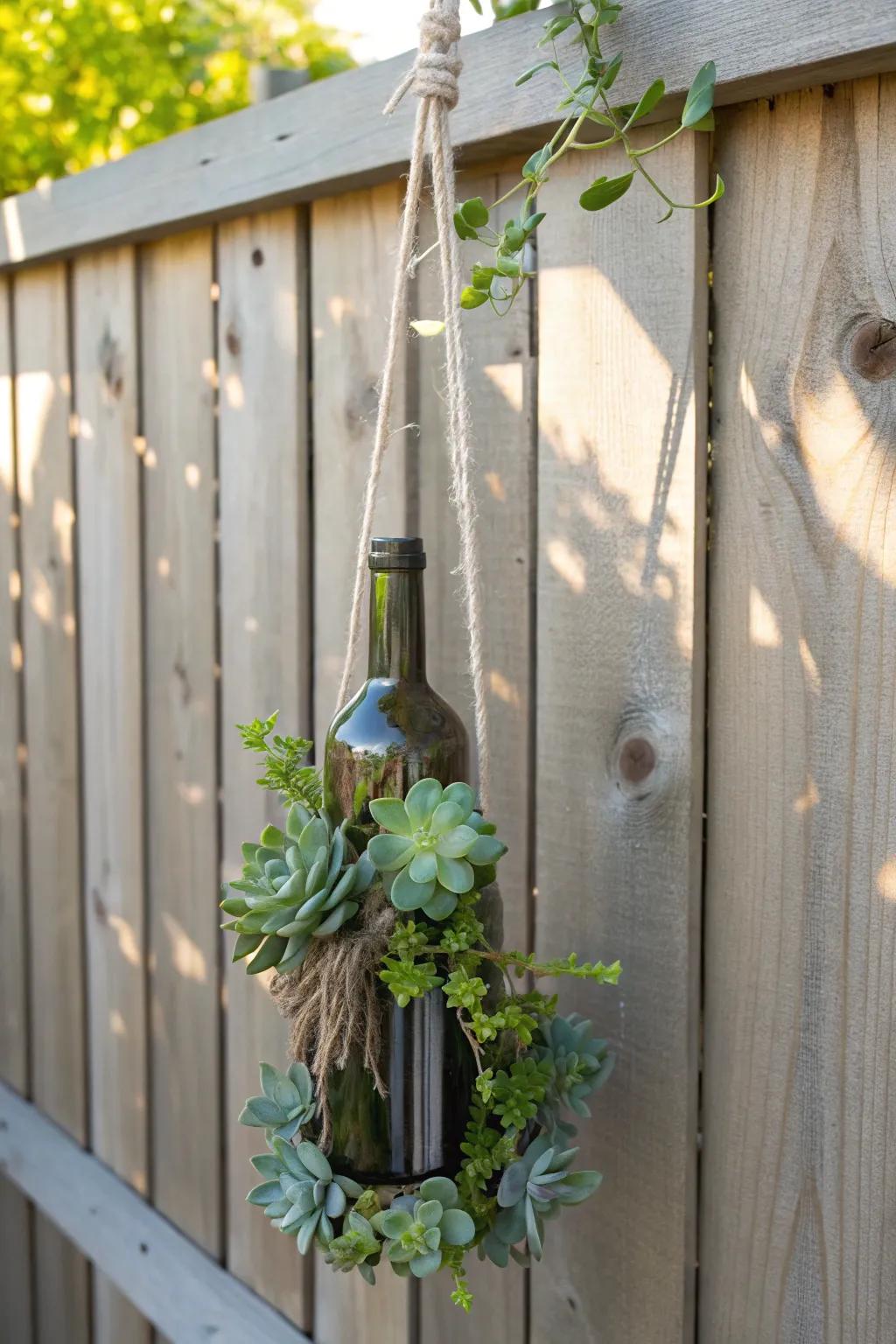 Transform your garden fence into a vertical oasis with chic hanging wine bottle planters.