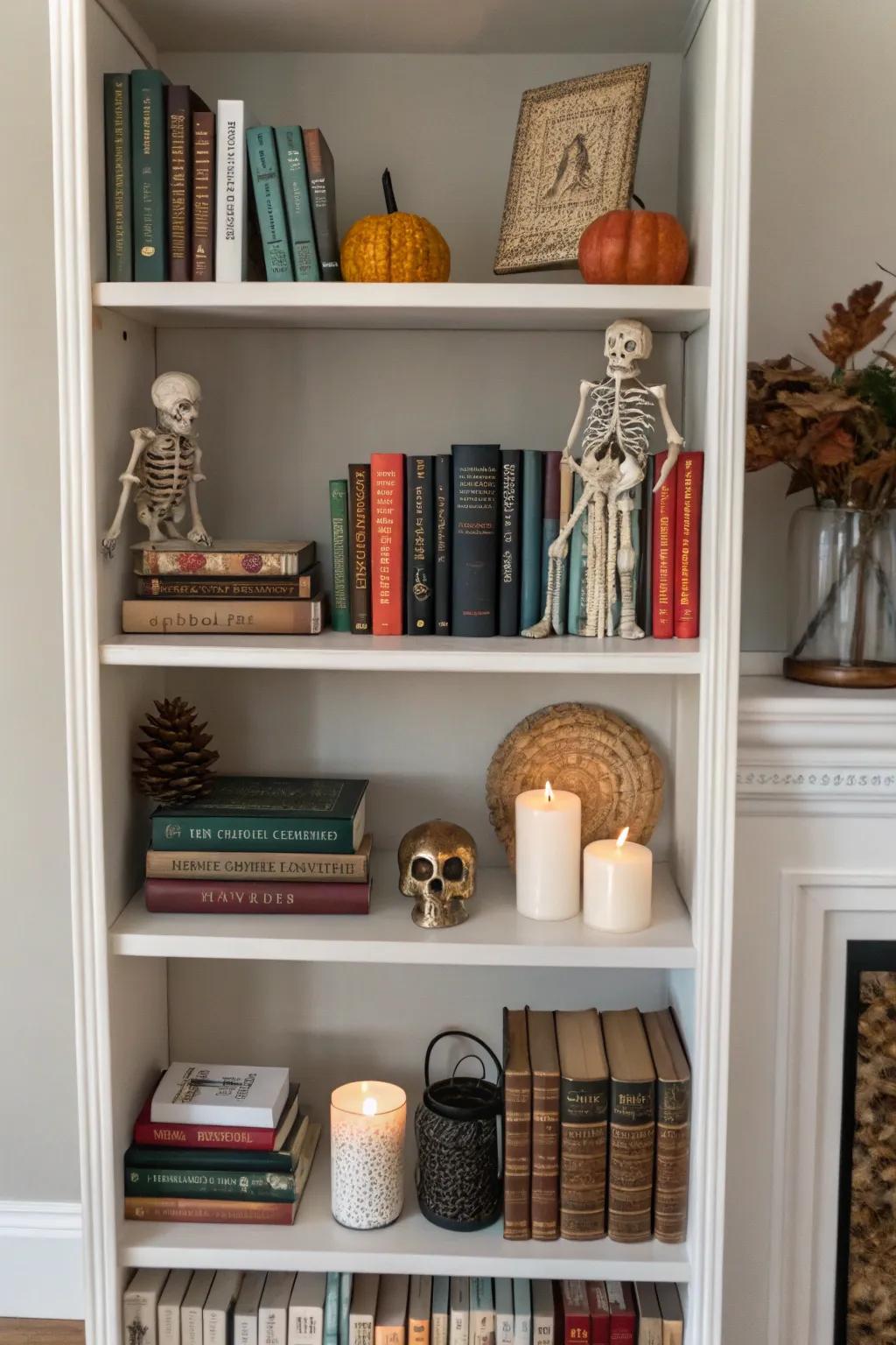 Skeleton figurines adding a playful yet eerie vibe.
