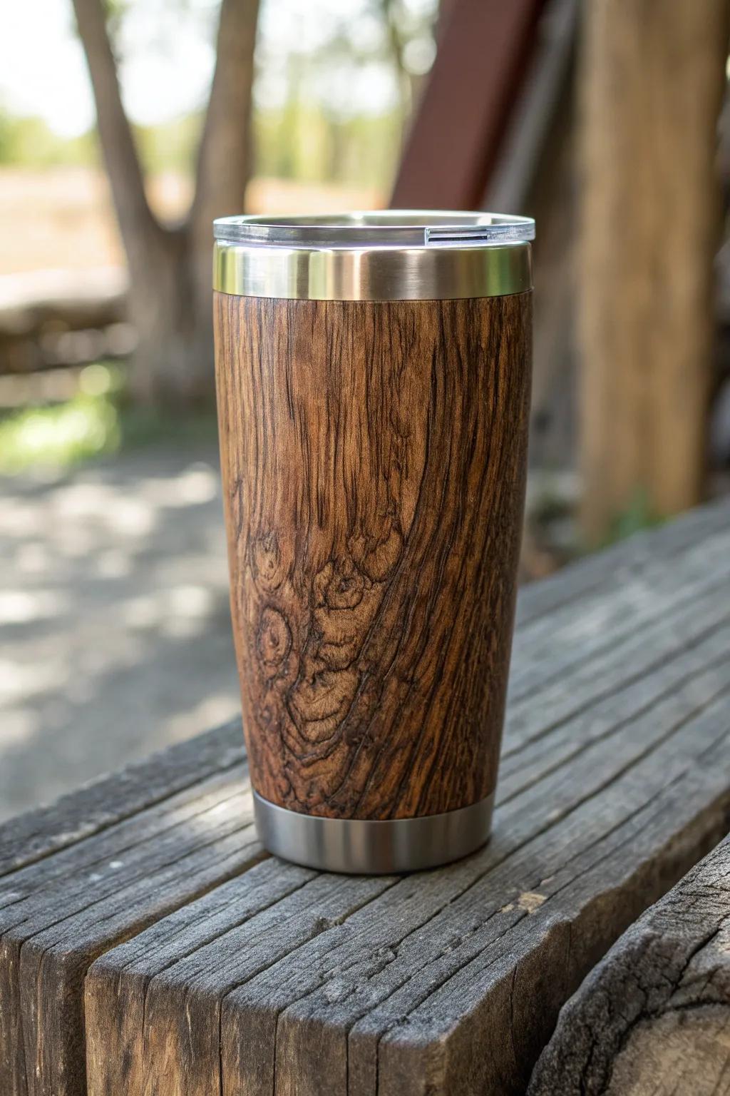 Embrace farmhouse charm with this barnwood-inspired tumbler, a perfect blend of rustic appeal and modern design.