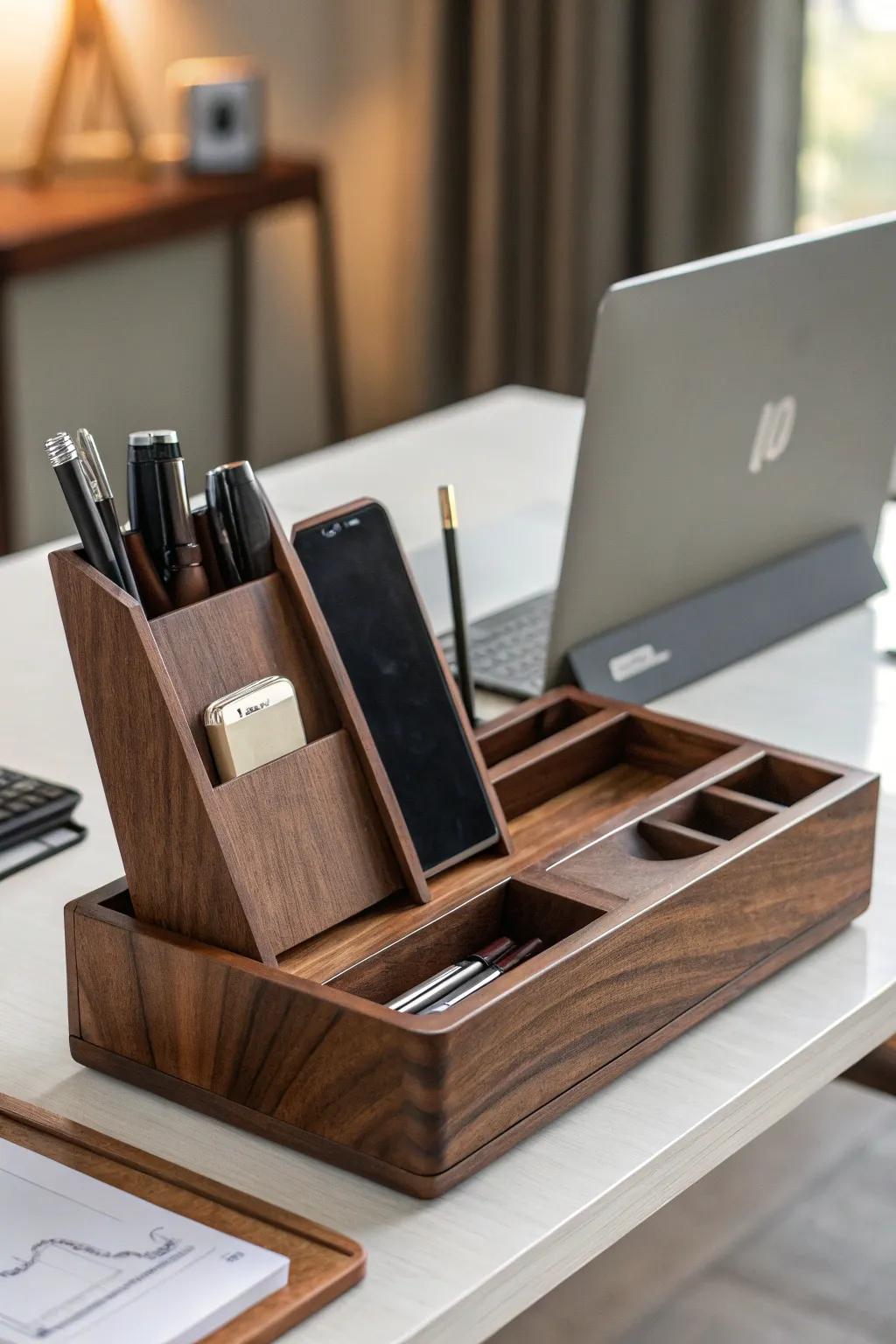Elevate your workspace with this handcrafted wooden desk organizer—where function meets style.
