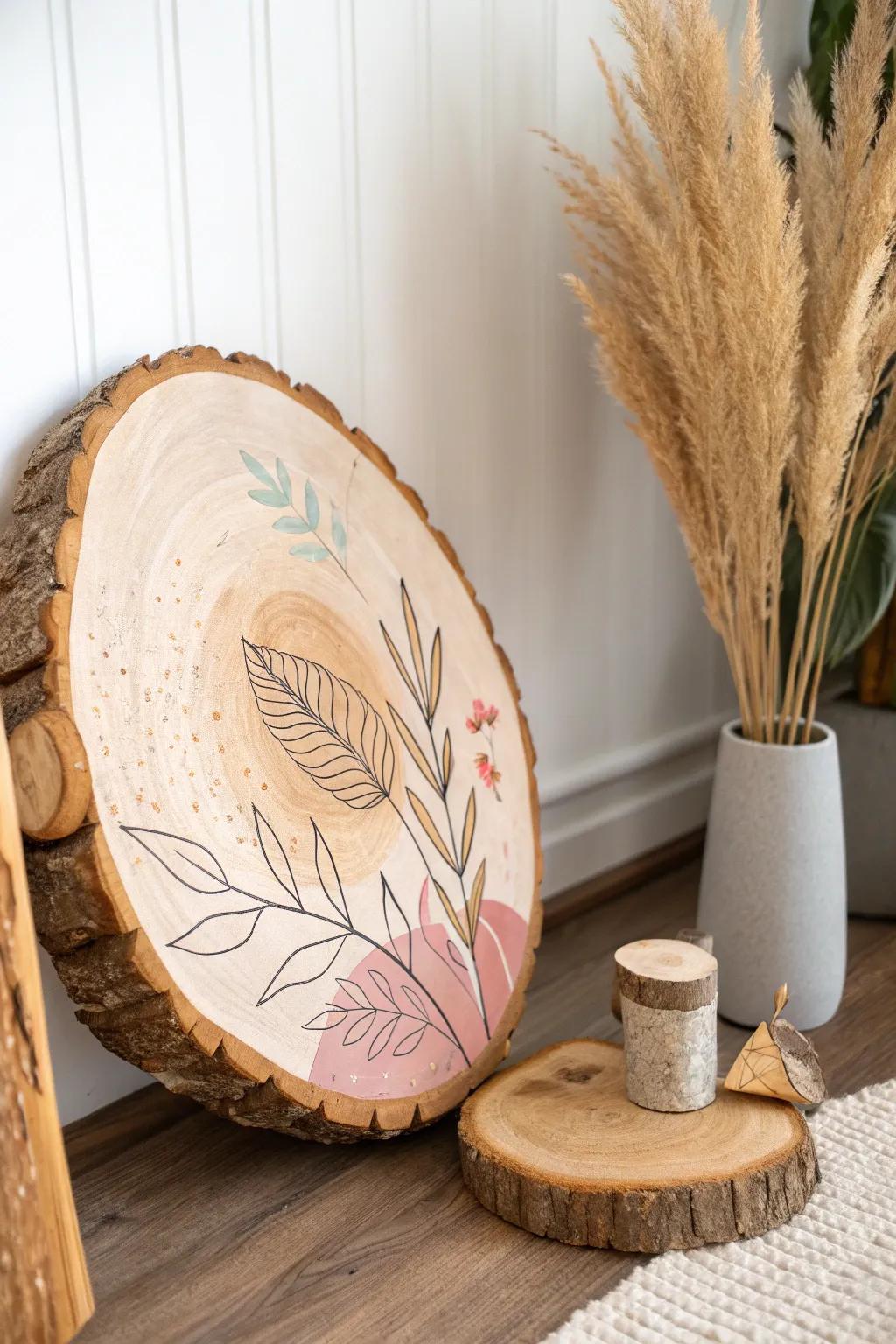 Elevate your space with the natural elegance of hand-painted wood slice wall art.
