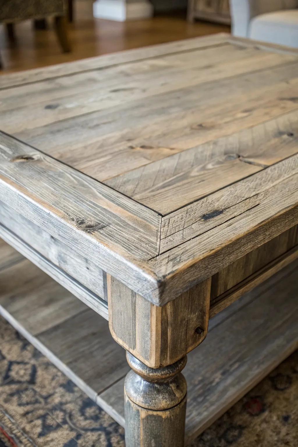 Embrace the charm of rustic elegance with this beautifully weathered gray-stained coffee table.