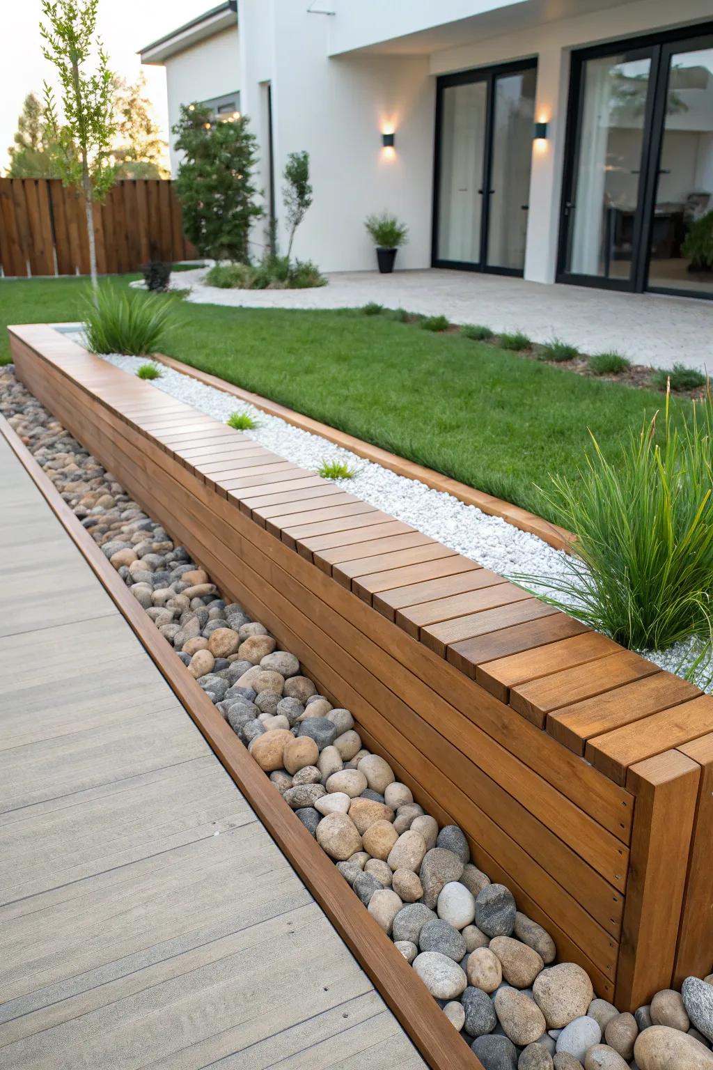 Elevate your garden with modern minimalism: sleek wood edging that defines elegance.