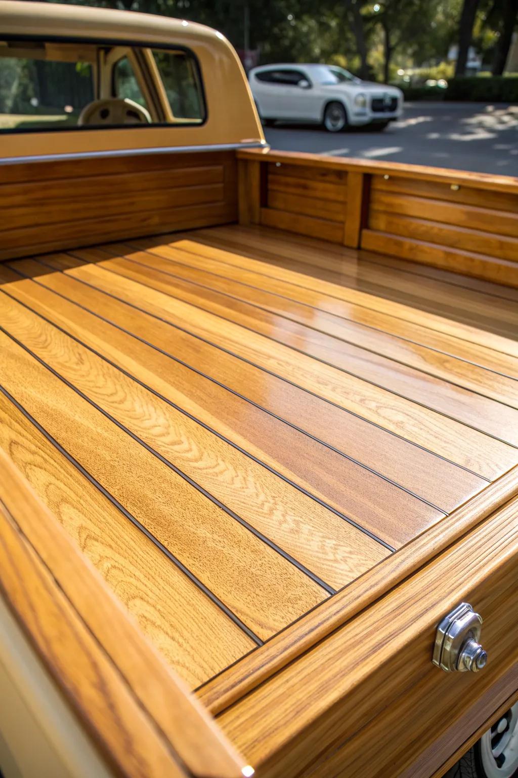 Elevate your truck bed with the timeless elegance of a teak wood finish.