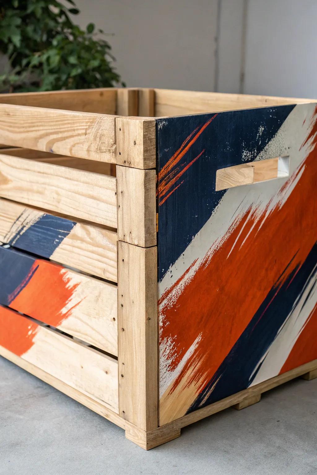 Transform your space with this bold abstract art on a wooden crate—where creativity meets craftsmanship.