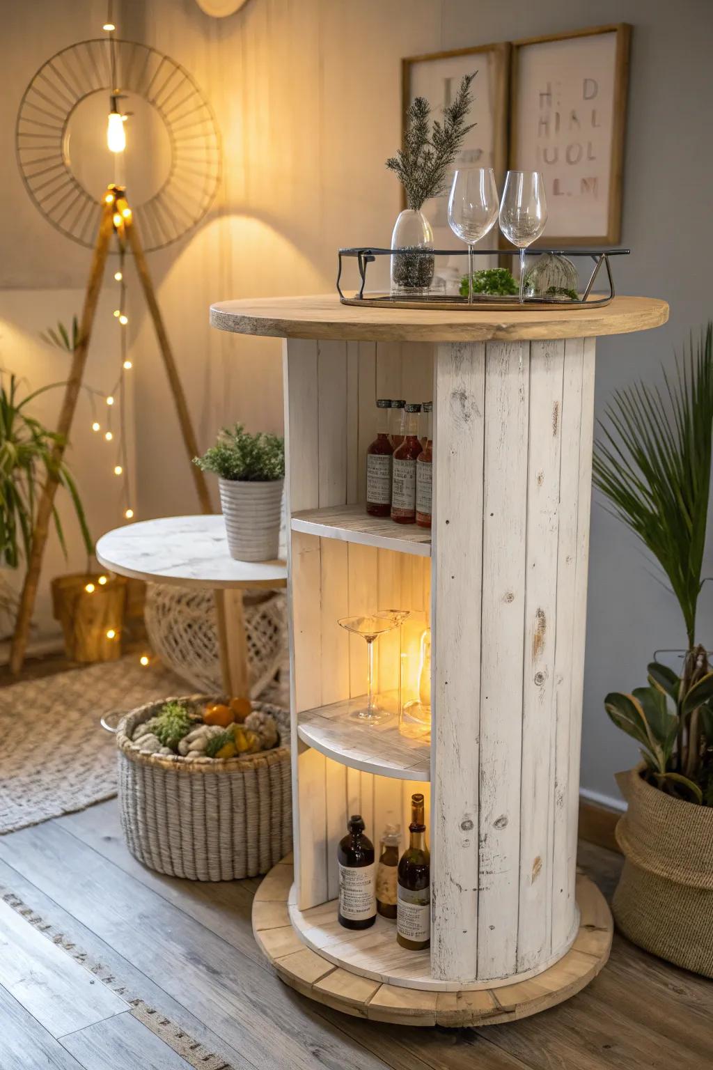 Transform simplicity into sophistication with this DIY wooden spool bar unit - a perfect blend of minimalist charm and boho elegance.