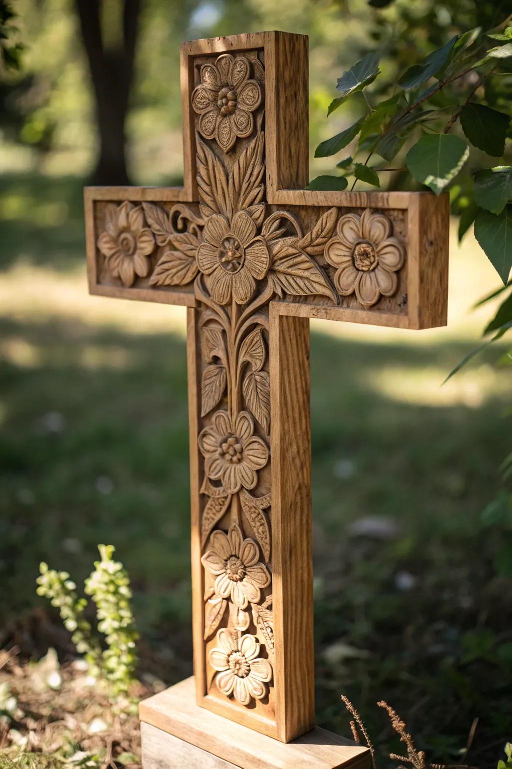 Elegance in Remembrance: A Handcrafted Wooden Cross with Intricate Floral Carvings.
