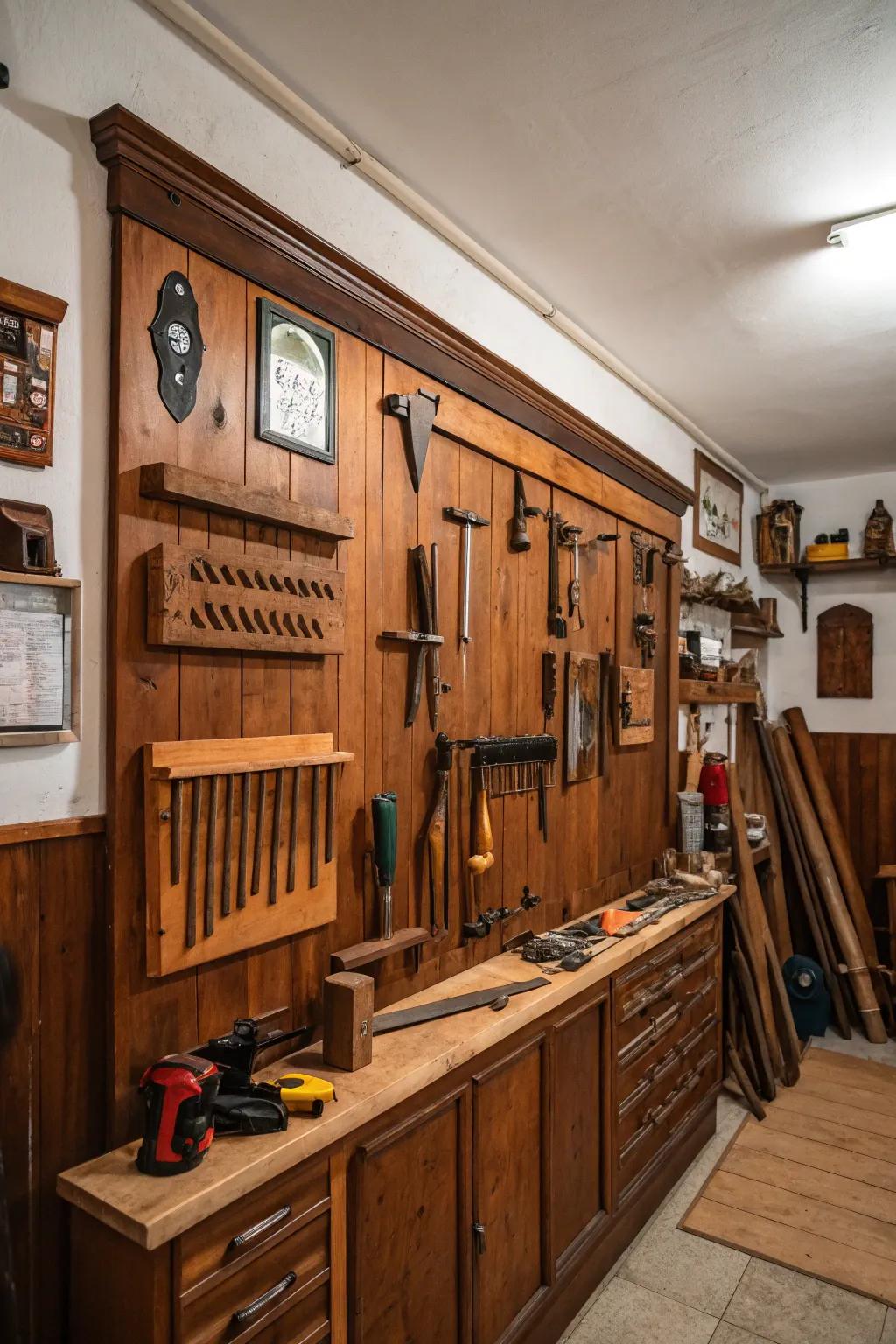 Wood paneling adds warmth and sophistication to workshop walls.