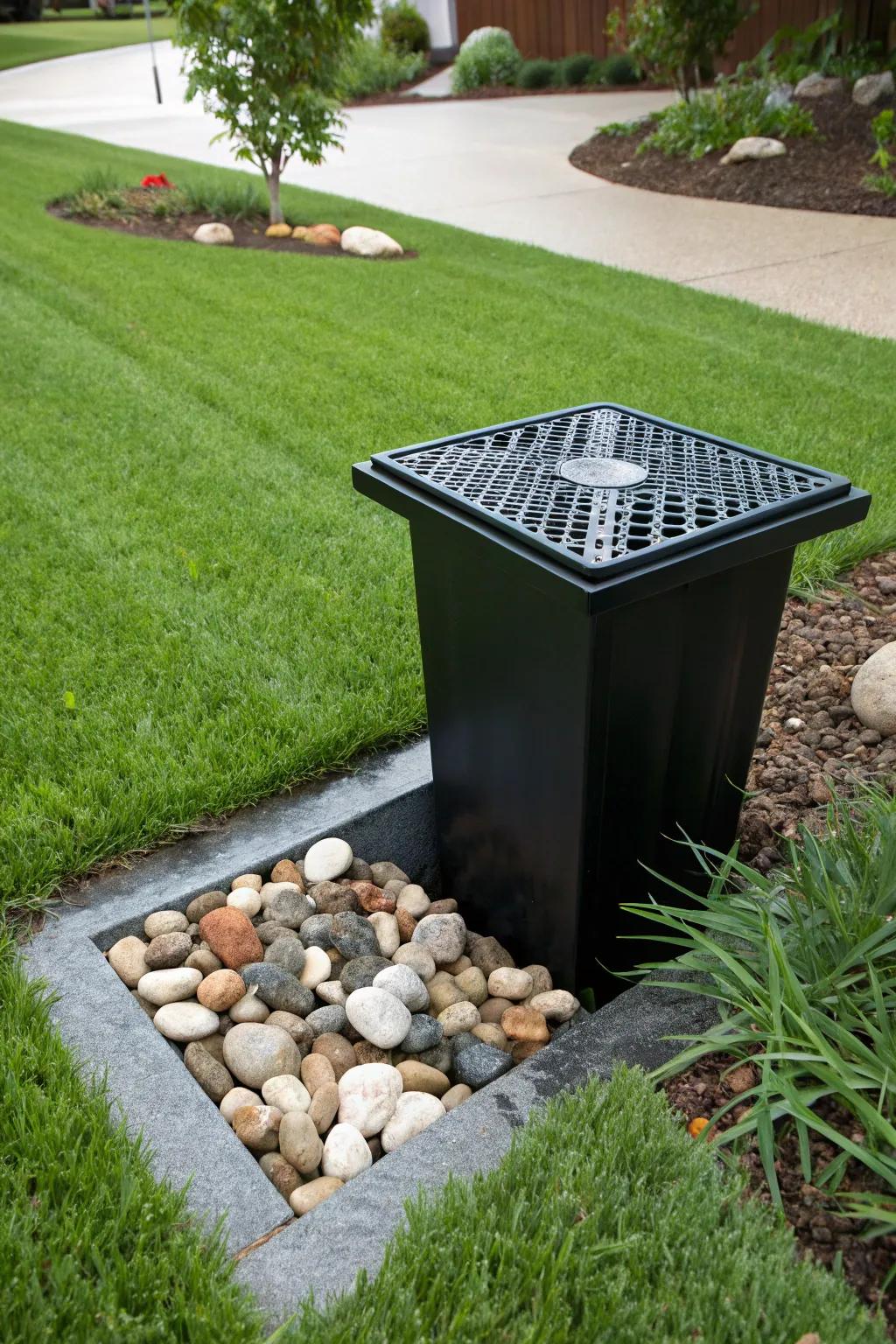 Enhance your yard's drainage system with a stylish and functional catch basin. #YardDrainage #CatchBasinDesign