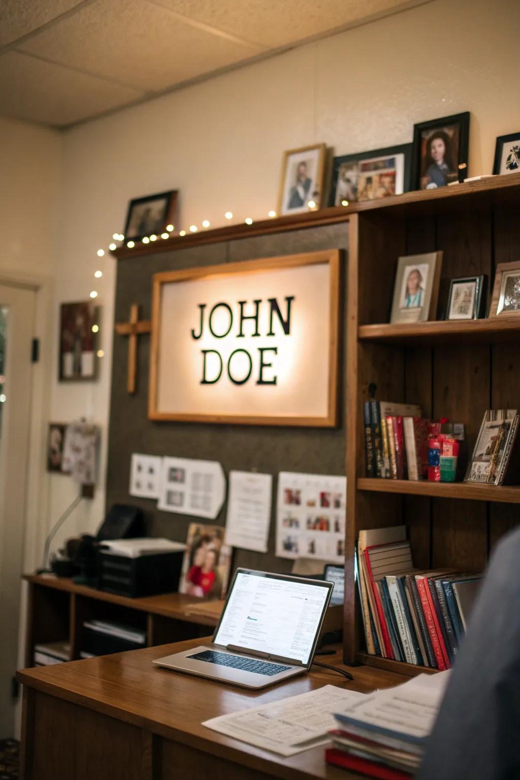 Personalized decor adds a unique touch to the office.