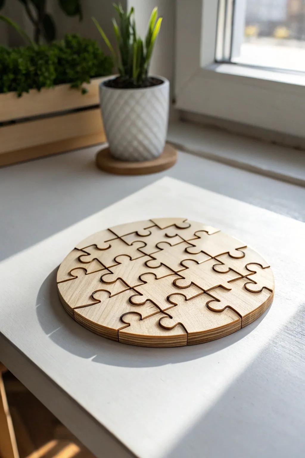 Add a playful touch to your table with handcrafted puzzle coasters that blend minimalism and fun.