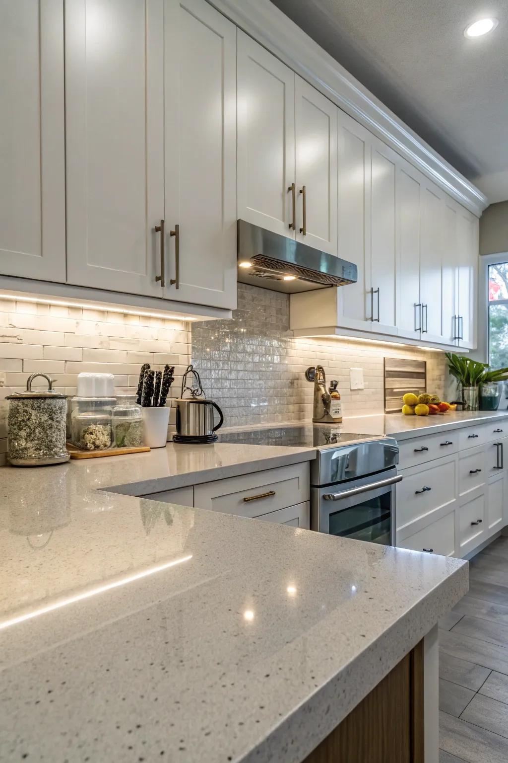 Matching the backsplash and countertops creates a cohesive and elegant kitchen.