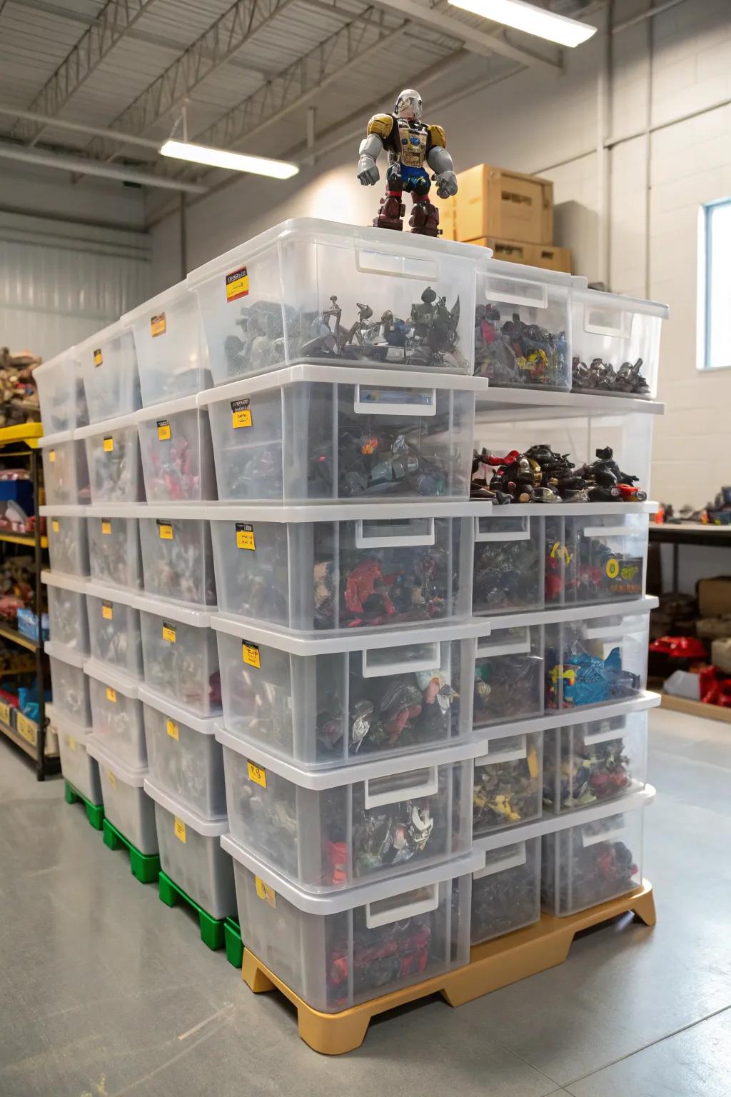 Stackable bins offer practical bulk storage for action figures.