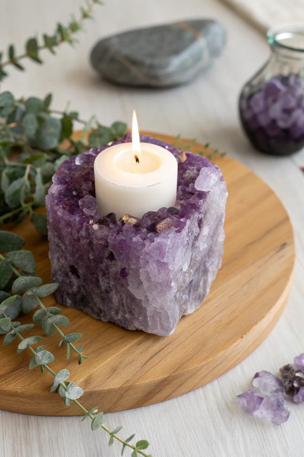 Illuminate your space with the natural elegance of an amethyst candle holder, perfect for serene moments of meditation and tranquility.