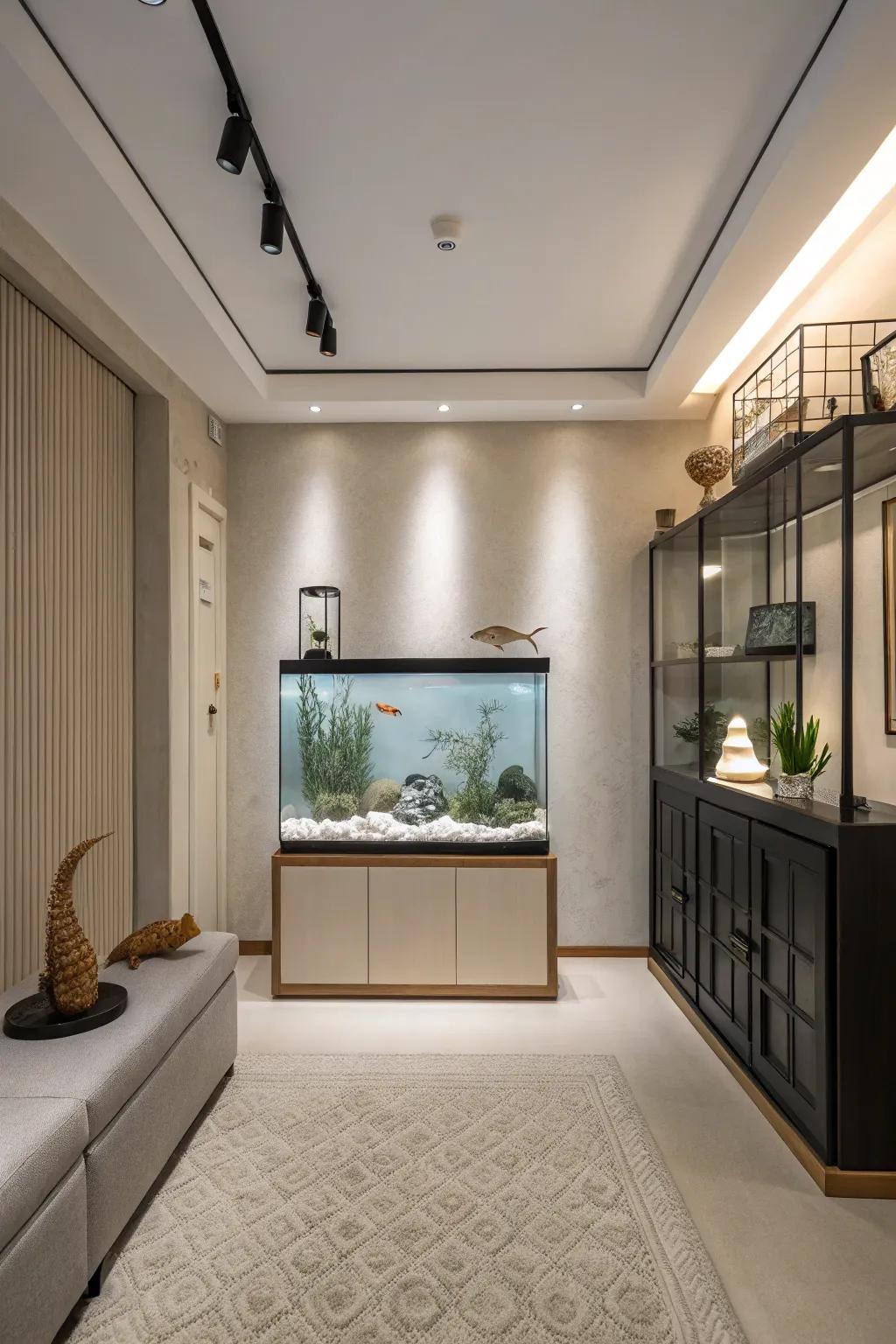 A minimalist aquarium design enhances a contemporary home.