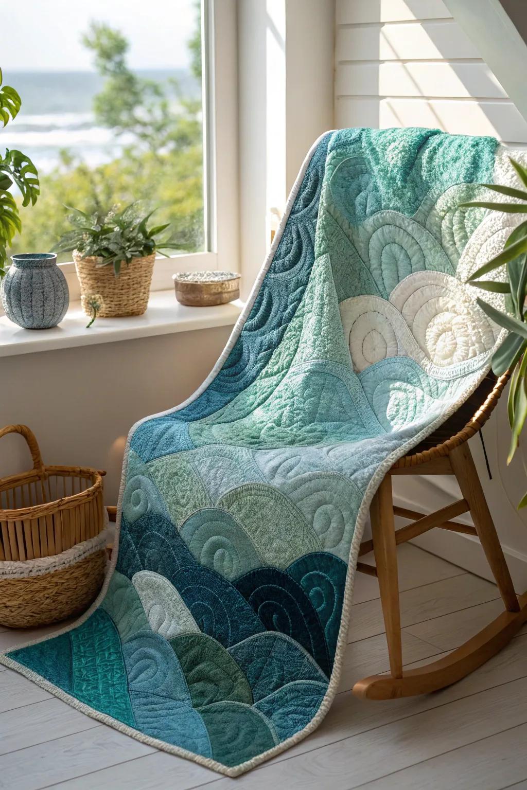 Bring the calming essence of the ocean into your home with this exquisite ocean waves quilt, where craftsmanship meets natural beauty.