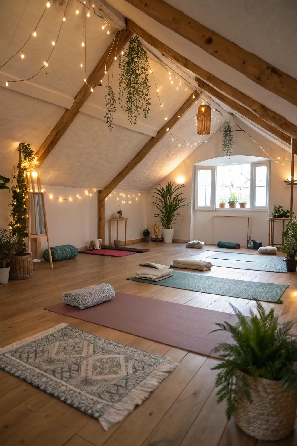 A tranquil yoga studio in the attic for peaceful practice.