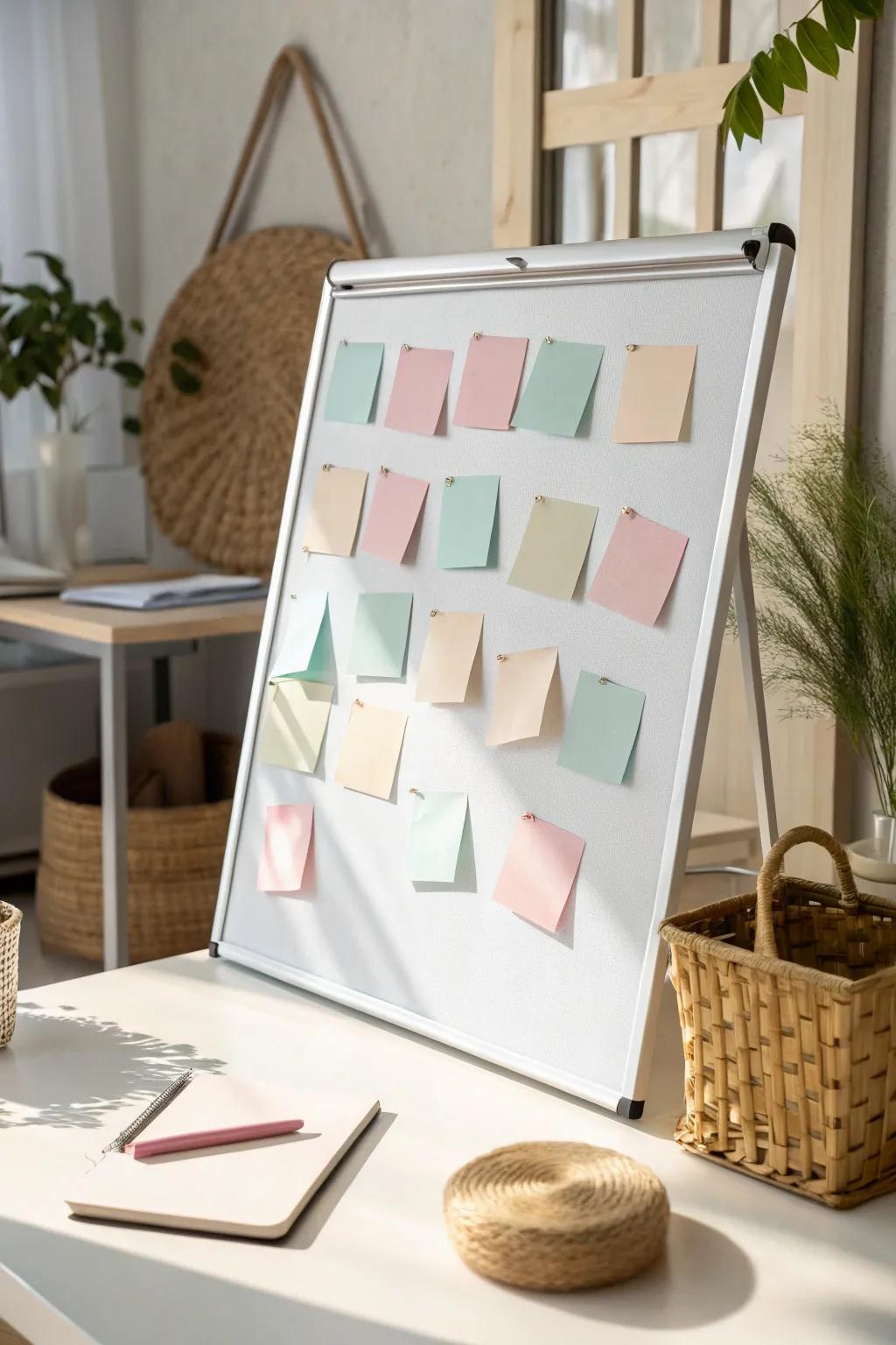 Organize your month with style and simplicity using pastel sticky notes on a minimalist whiteboard. Perfect for flexible planning with a touch of boho charm.