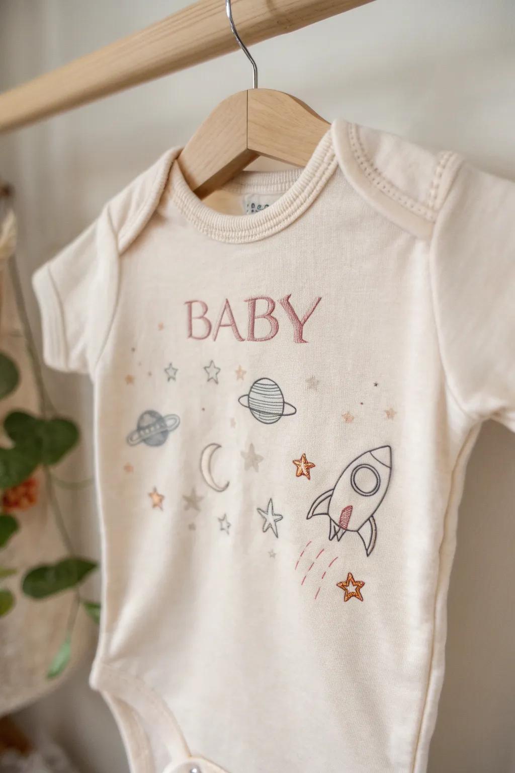 Embark on a cosmic adventure with this personalized space-themed onesie—where your baby's name shines among the stars!
