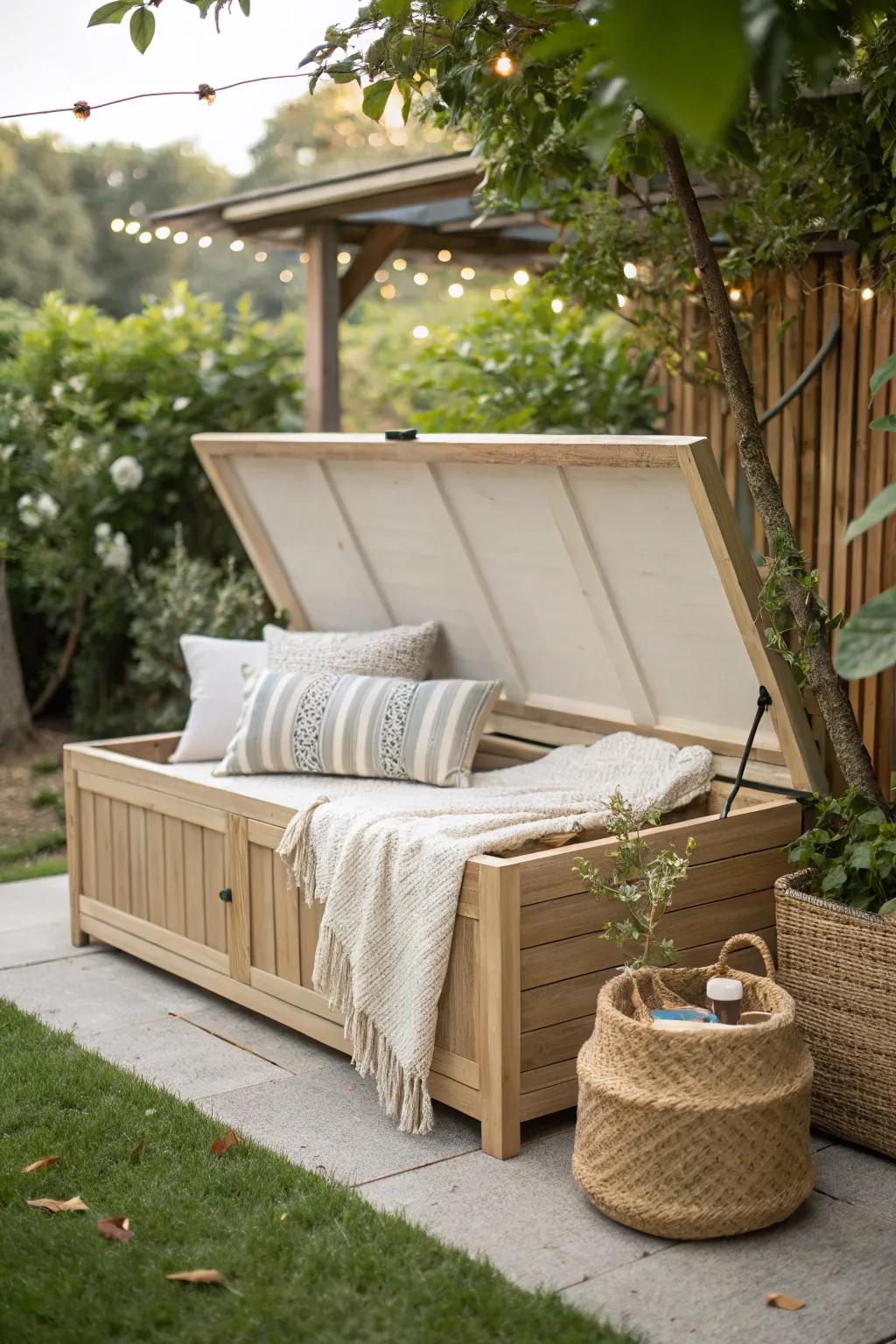 Transform your backyard with this elegant Scandinavian-Boho storage bench, perfect for comfort and convenience.