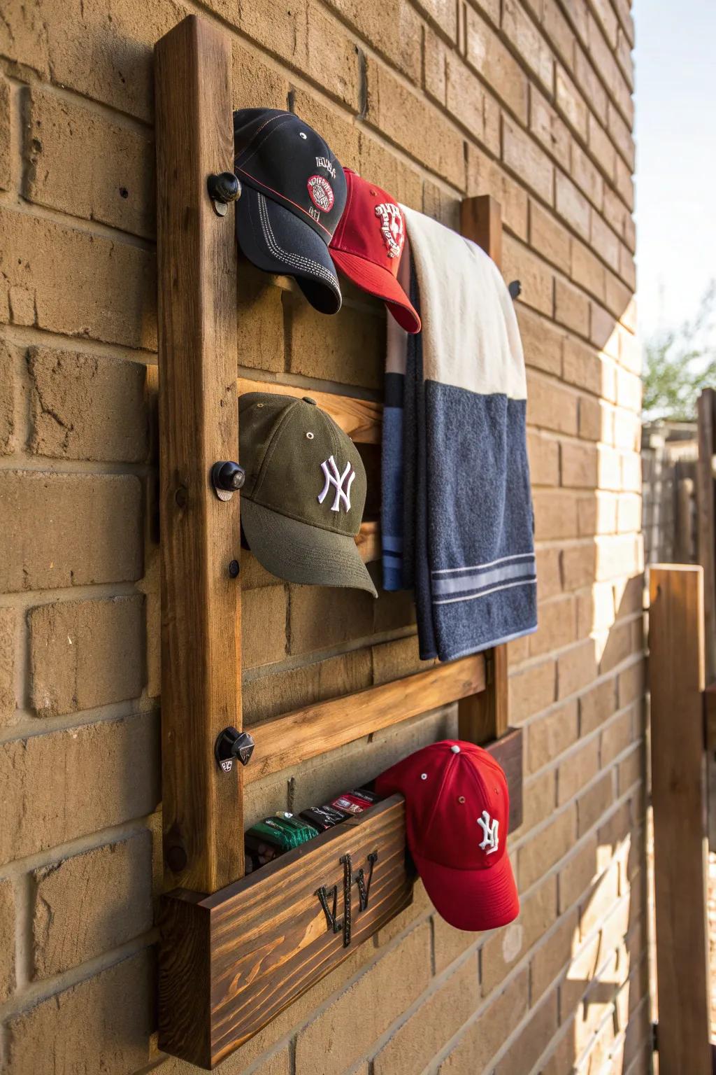 Transform your space with a rustic twist: upcycle a towel rack into a stylish hat organizer.