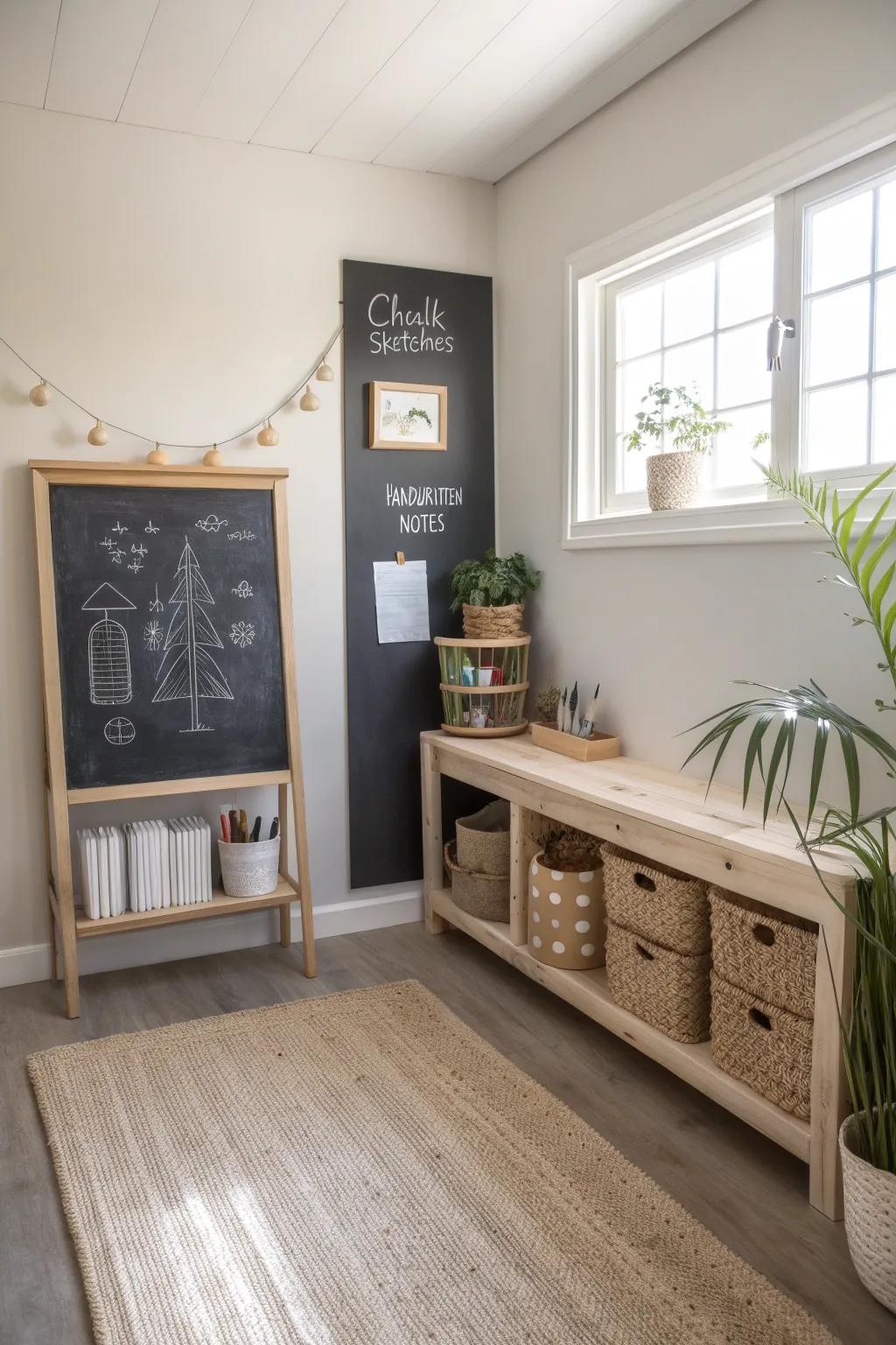 Unleash your creativity with a chic chalkboard wall in your minimalist craft haven.