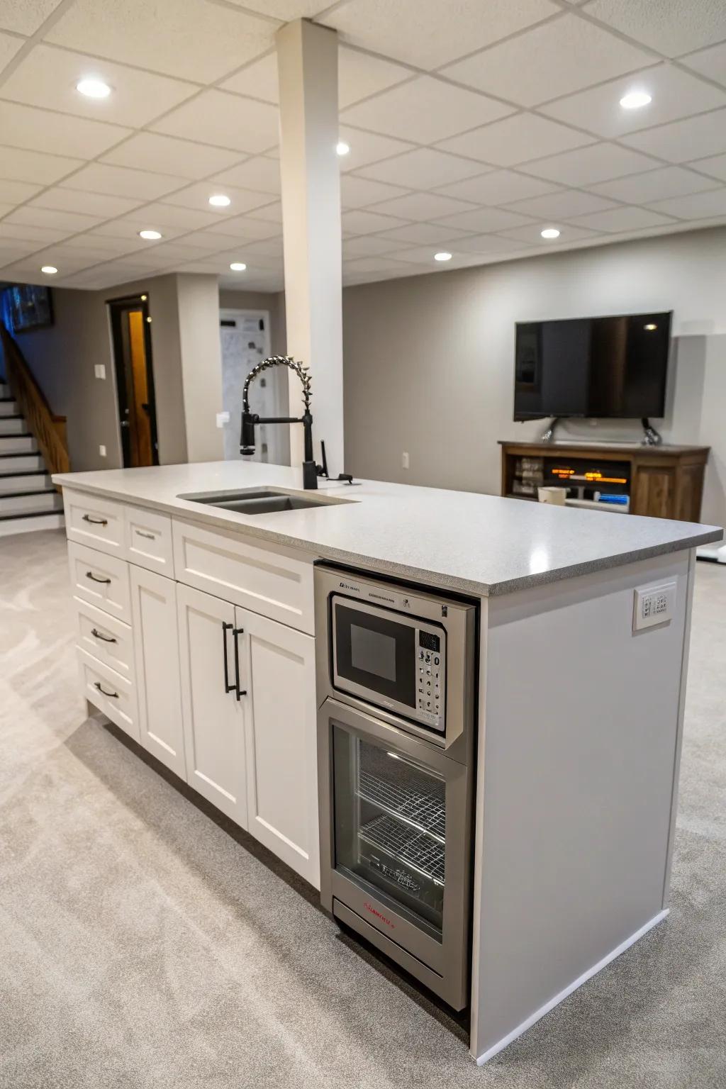 Built-in appliances make your basement island a hub of convenience.