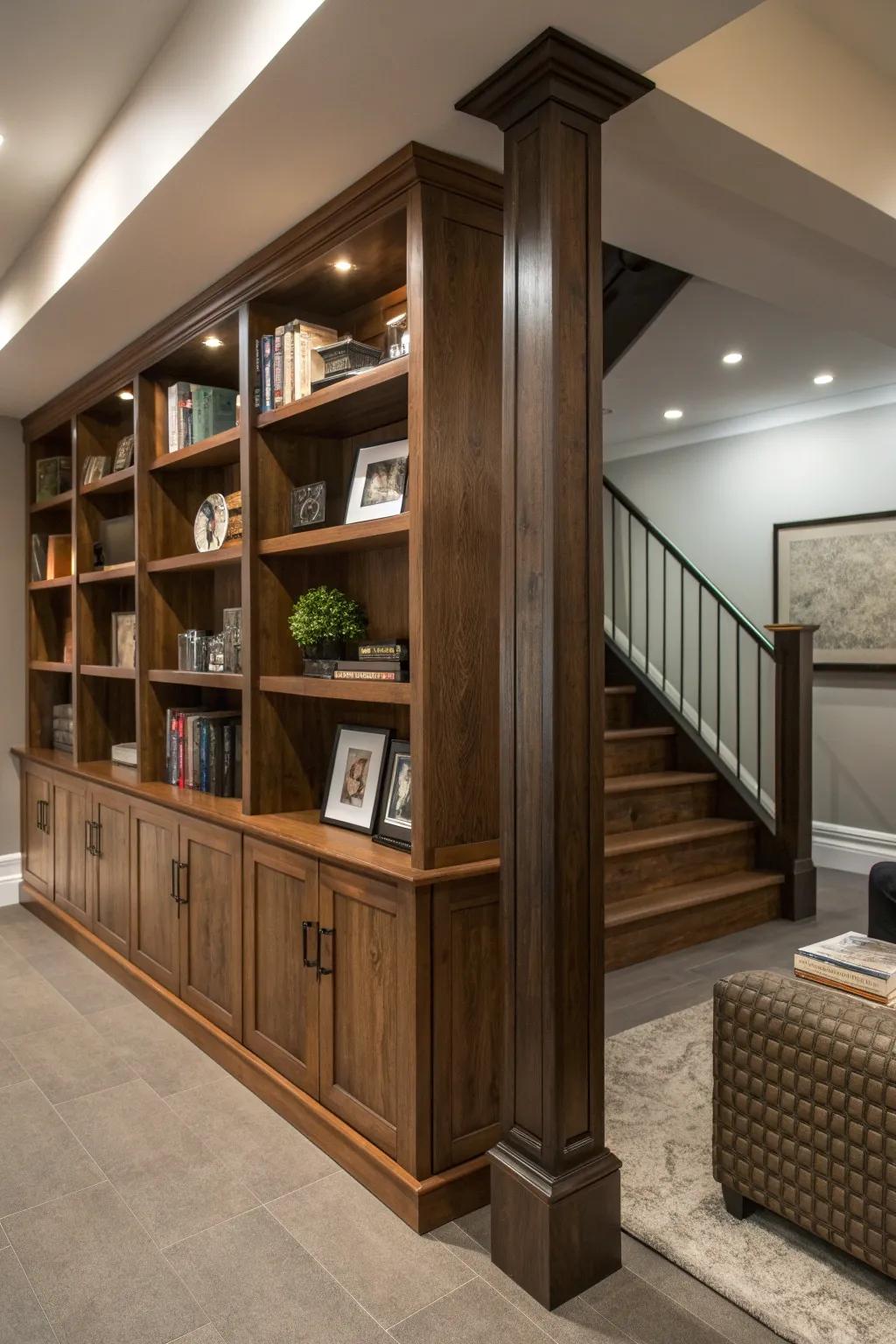 Transform necessity into art: A pole-wrapped bookshelf that redefines basement style.