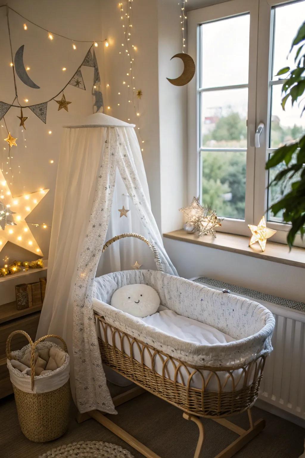Celestial-themed decor for a dreamy bassinet setting.