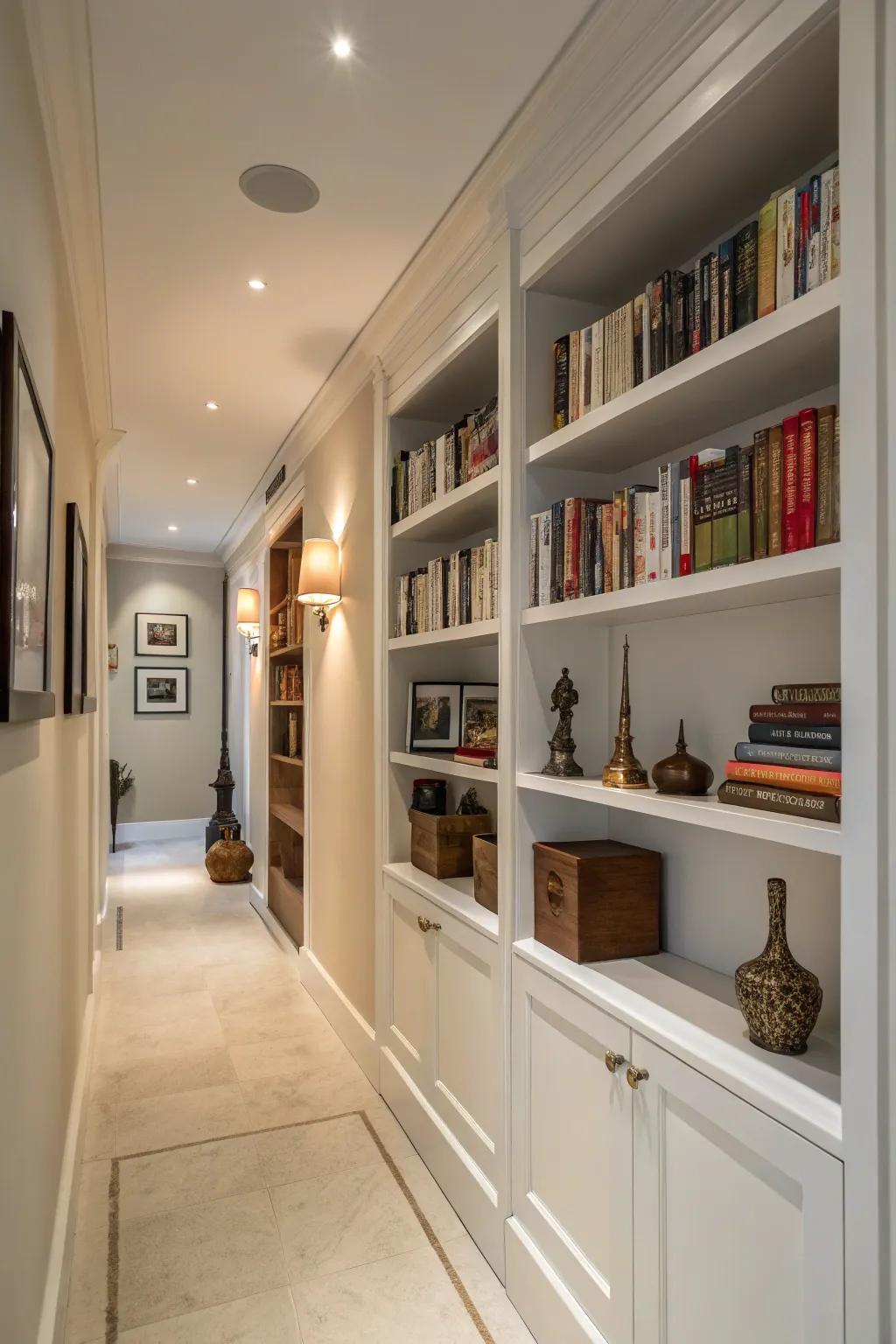 Built-in shelves provide functional storage and display opportunities.