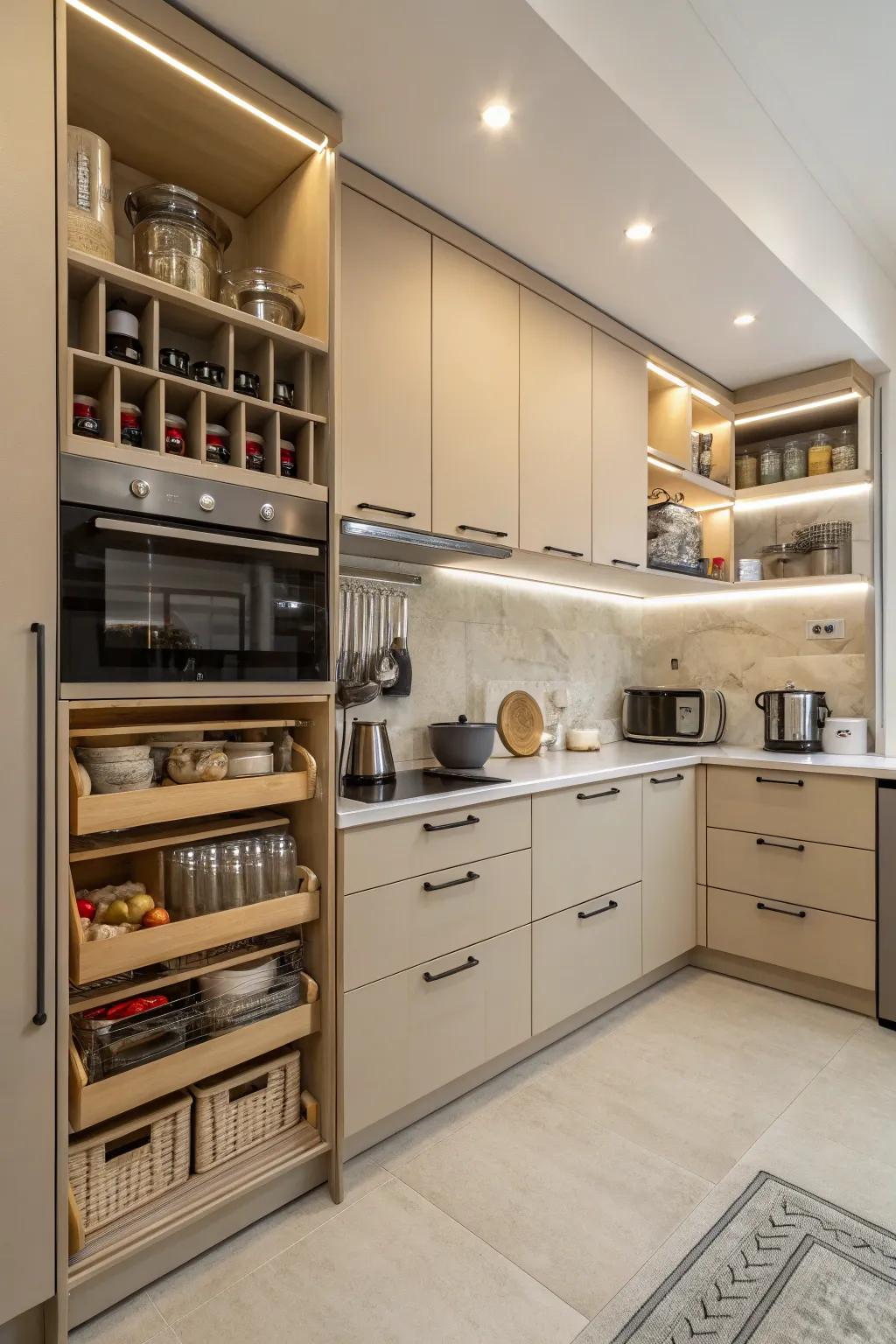 A functional kitchen layout with smart beige cabinetry.