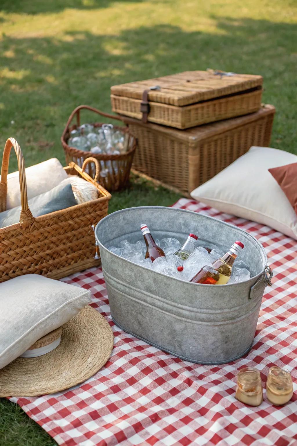 A picnic blanket creating a cozy atmosphere for the beverage tub.