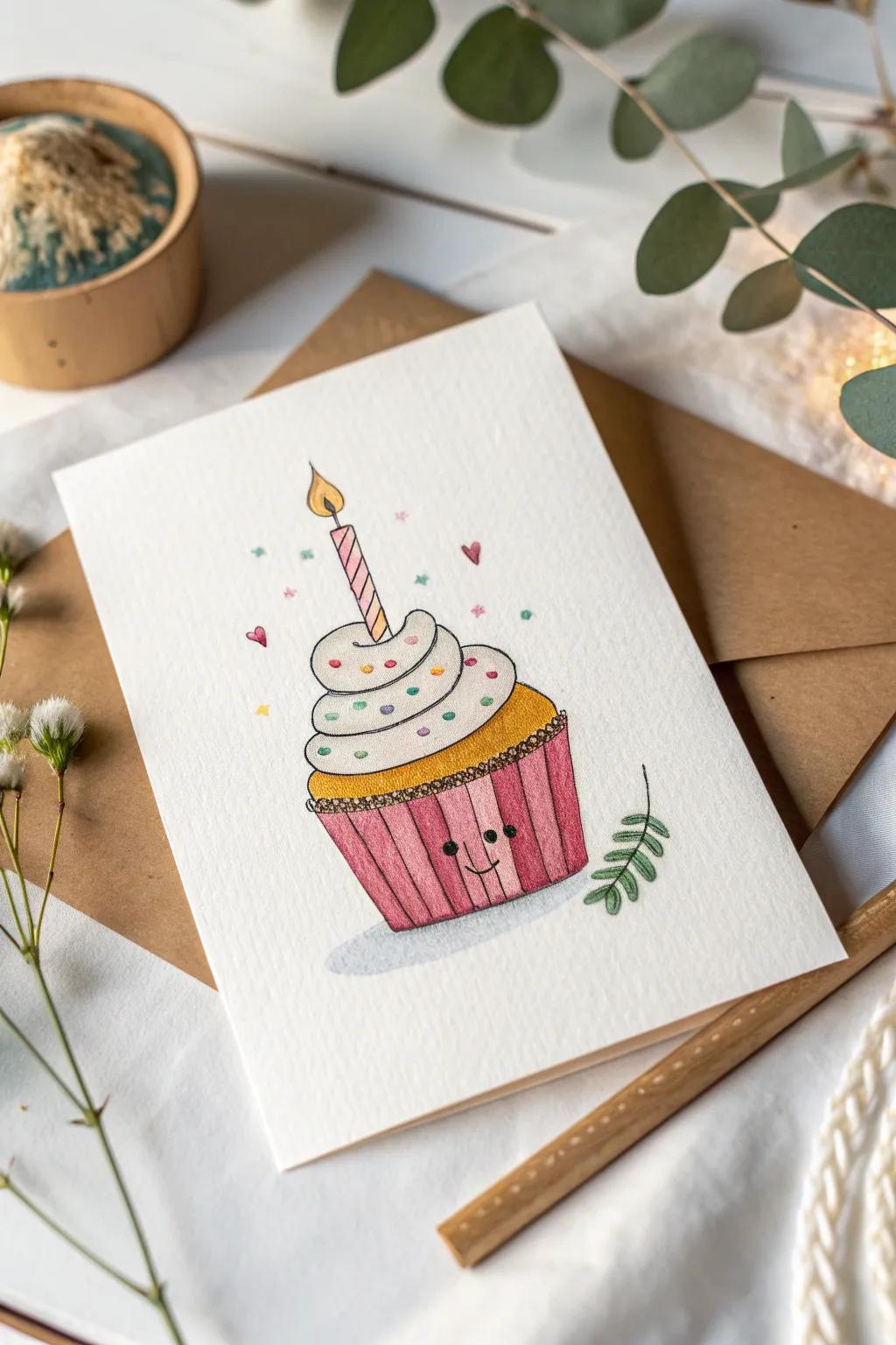 Let your imagination soar with this charming cupcake illustration, perfect for a delightful birthday greeting!
